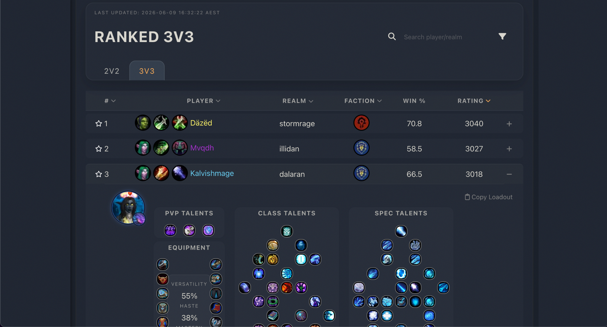 Ranked leaderboard interface with searchable, filterable player rankings