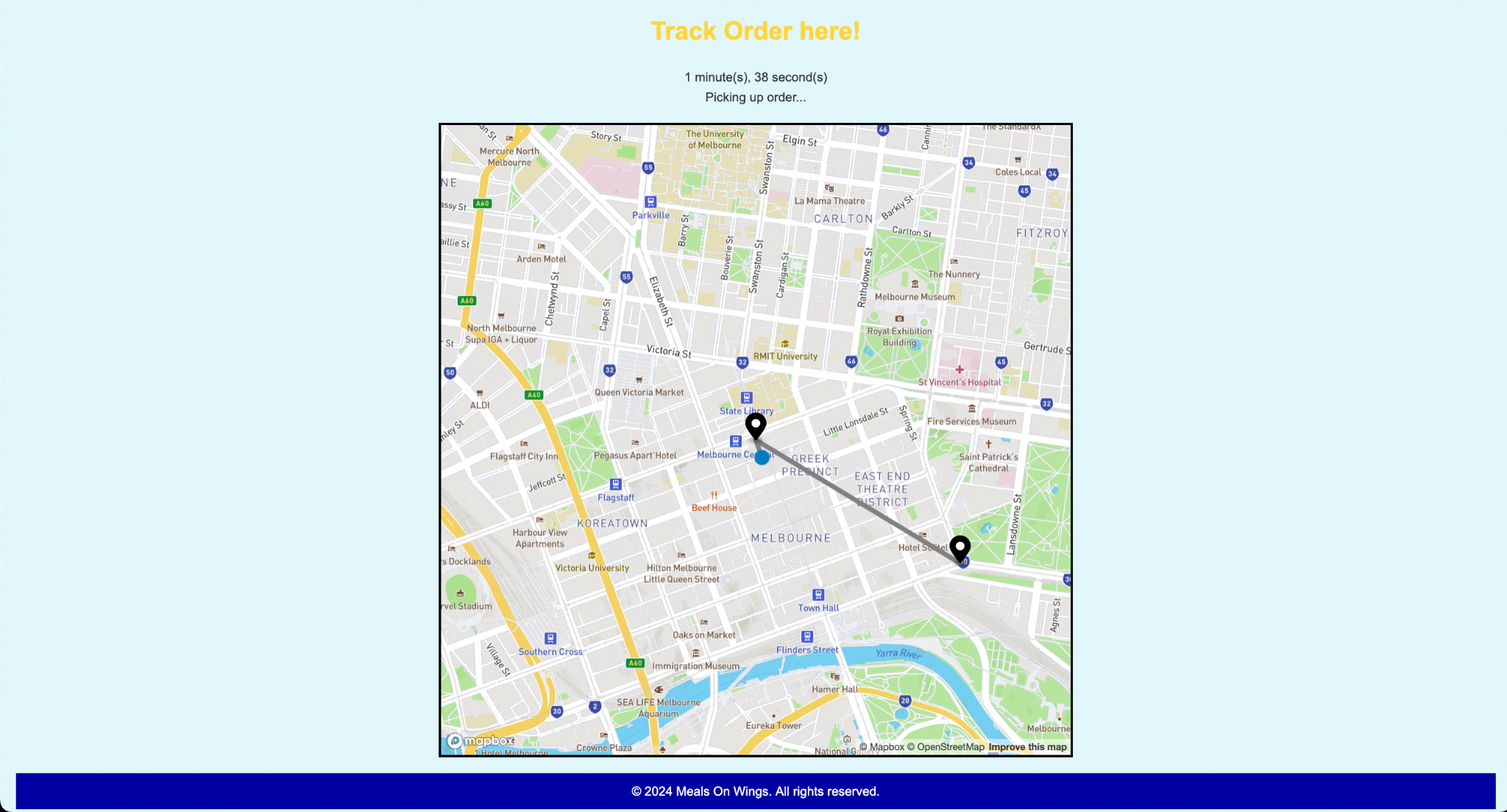 Live order-tracking map showing delivery route and ETA